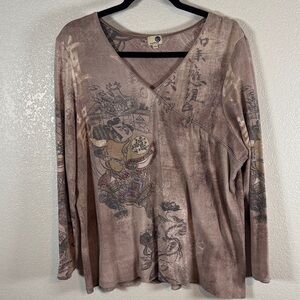 One World Y2K Sammy Nip Asian Warrior Printed Top Rhinestone Accents Size 2X